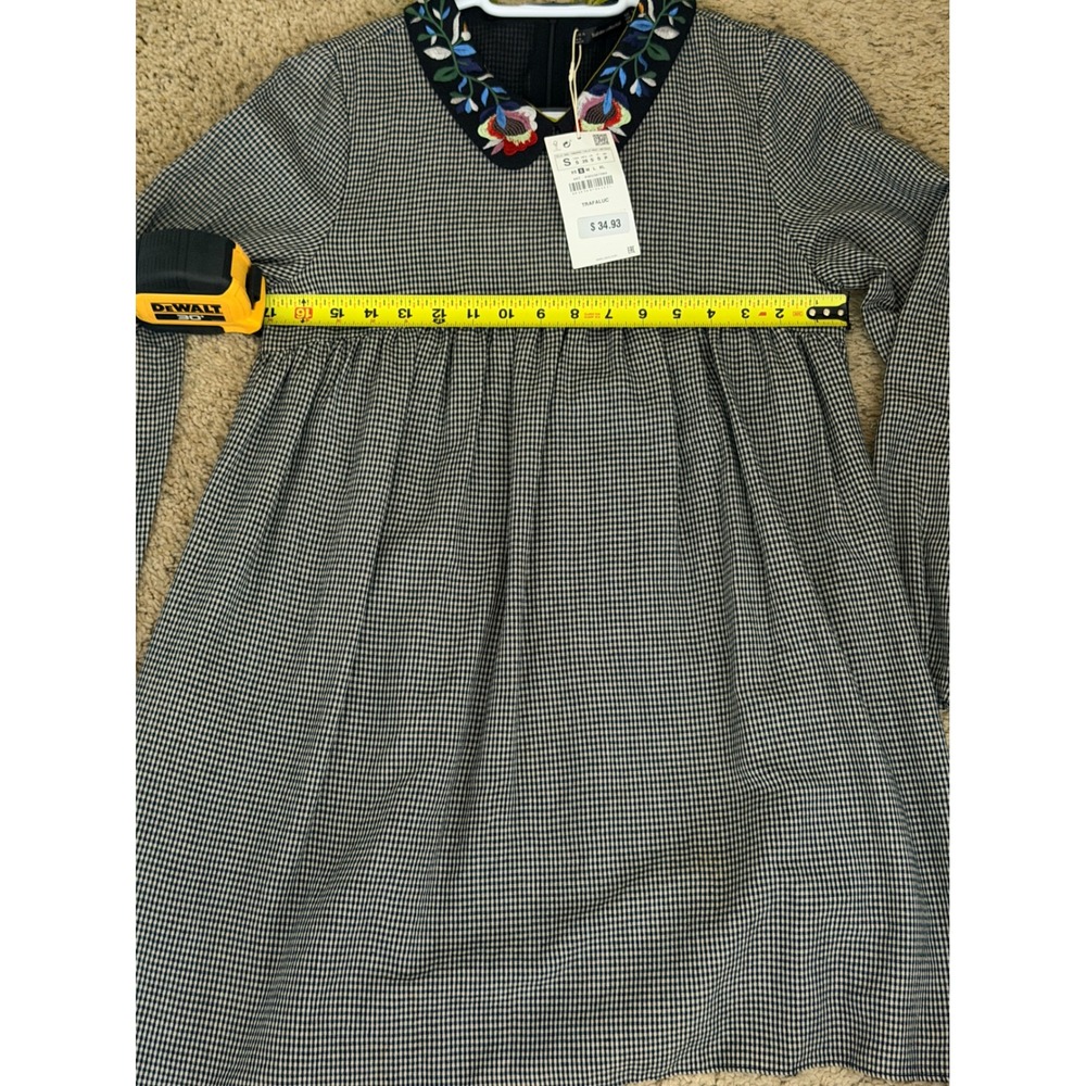 Zara Trafaluc Gingham Embroidered Floral Collar Babydoll Mini Dress Small NWT - Picture 7 of 8